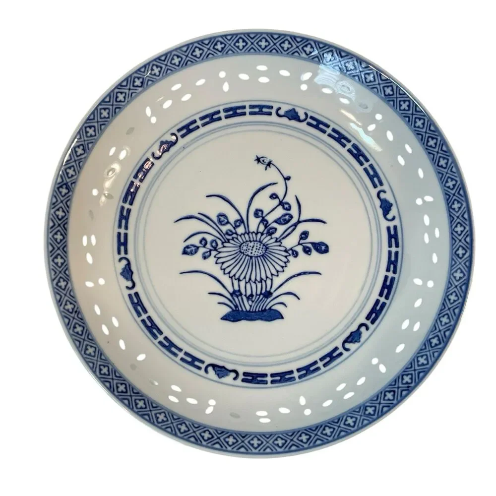Chinese Rice Grain Serving Bowls Blue & White 8.5” Set Of 2